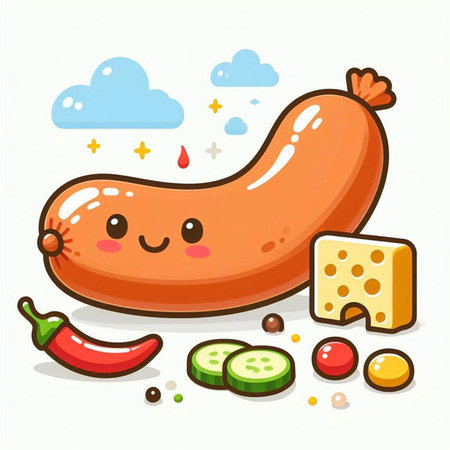 Sausage, cheese, herbs and vegetables. Vector illustration.のイラスト素材