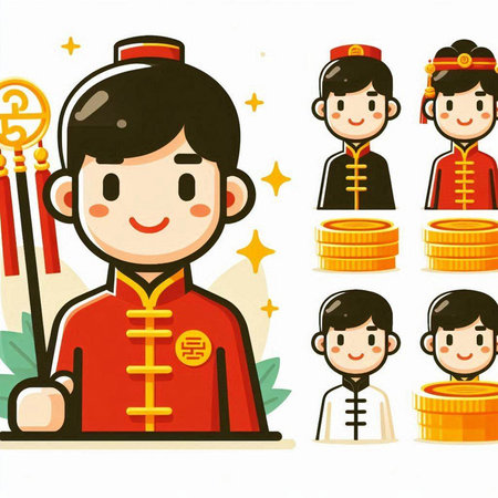 Chinese New Year vector illustration set. Cartoon characters in various poses.のイラスト素材