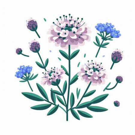 Hand drawn vector illustration of a bouquet of blue and pink flowersのイラスト素材