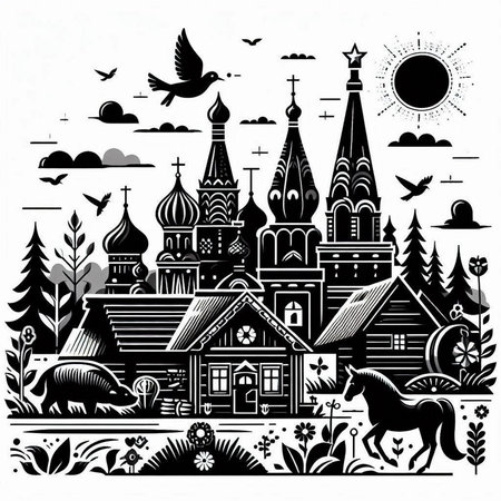 Orthodox Church, Monochrome Vector Illustration, St. Basil's Cathedral in Russia.のイラスト素材