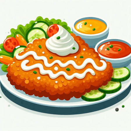 Illustration of fried chicken fillet with french fries and vegetables on plateのイラスト素材