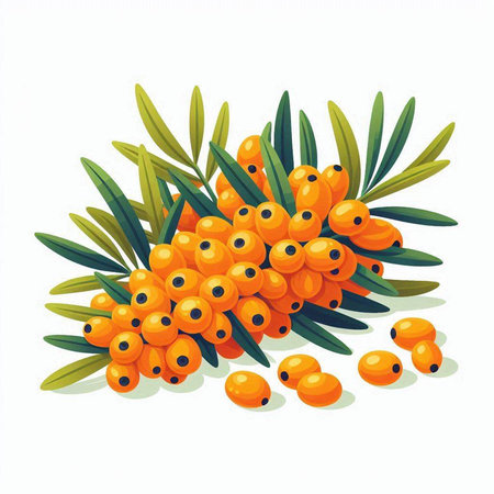 Sea buckthorn berries with leaves on white background. Vector illustrationのイラスト素材