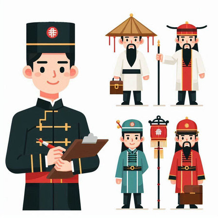 Chinese New Year set. Chinese man and woman in traditional costume. Vector illustrationのイラスト素材