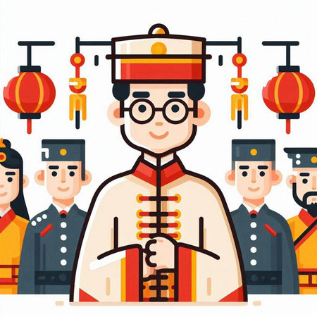 Chinese New Year. People dressed in traditional costumes. Vector illustration.のイラスト素材