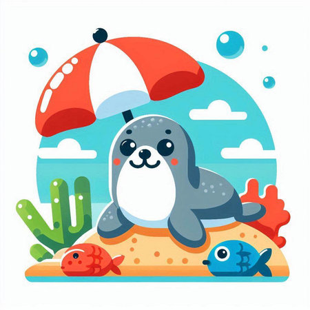 Cute seal with umbrella and fishes. Vector illustration in cartoon styleのイラスト素材
