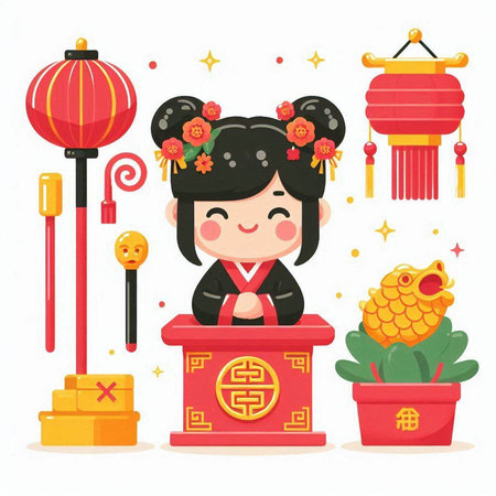 Chinese New Year, cute little girl in traditional costume. Vector illustrationのイラスト素材