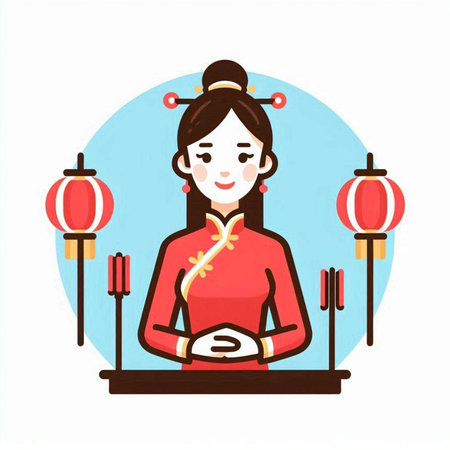 Chinese woman in traditional clothes with oriental elements. Vector illustration.のイラスト素材