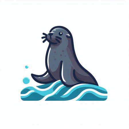 Cute seal on the waves. Vector illustration in cartoon style.のイラスト素材