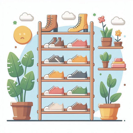 Vector illustration of a shelf with different shoes. Flat style design.のイラスト素材