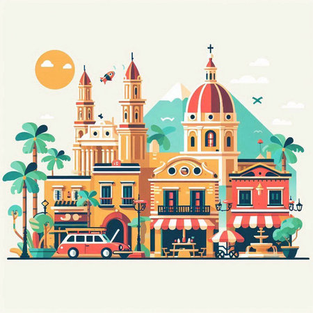 Cityscape of the island of Mallorca, Spain. Vector illustrationのイラスト素材