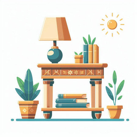 Bookshelf with books, lamp and plants. Vector illustration.のイラスト素材