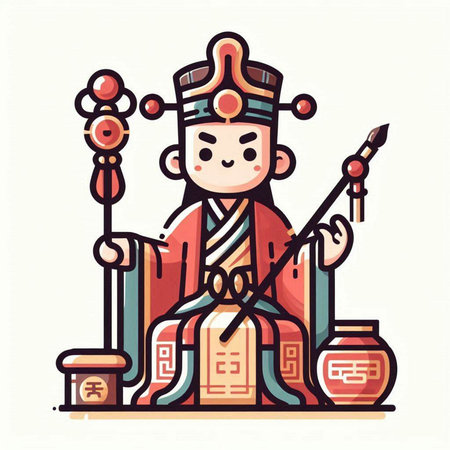 Chinese New Year vector illustration. Cute cartoon character in chinese costume with traditional symbols.のイラスト素材