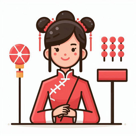 Korean girl in traditional clothes. Vector illustration in cartoon style.のイラスト素材