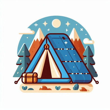 Camping tent in the mountains. Vector illustration in flat style.のイラスト素材