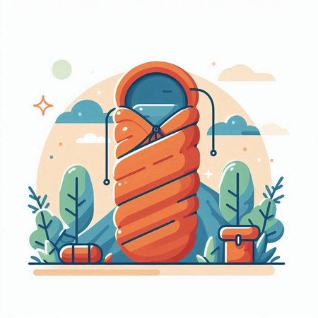 Vector illustration of a sleeping bag in the forest. Flat style.のイラスト素材