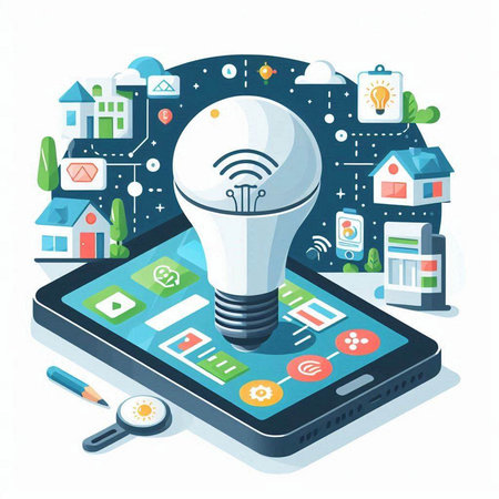 Smart home and internet of things concept. Smart house and light bulb on smartphone screen. Vector illustrationのイラスト素材