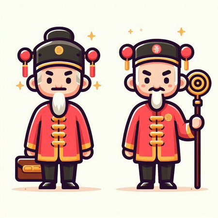 Cartoon Chinese man and woman in traditional costume. Vector illustration.のイラスト素材