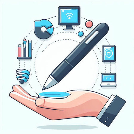 Illustration of a hand holding a pen with technology icons around itのイラスト素材