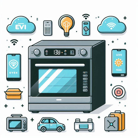 Modern flat line icons set. Electric oven, electric car, remote control, smart home appliances. Vector illustrationのイラスト素材