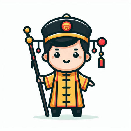 Cute Chinese boy in traditional costume holding stick. Vector illustration.のイラスト素材