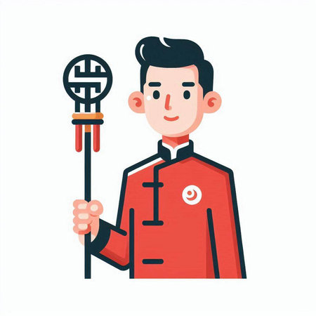 Man in red coat holding a microphone. Vector illustration in cartoon style.のイラスト素材