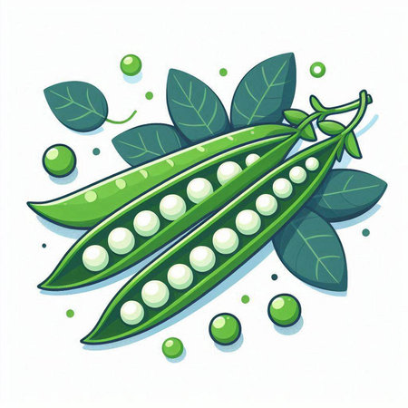 Pea pods with green leaves on a white background. Vector illustration.のイラスト素材