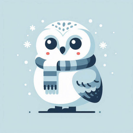 Cute cartoon owl with scarf and snowflakes. Vector illustration.のイラスト素材
