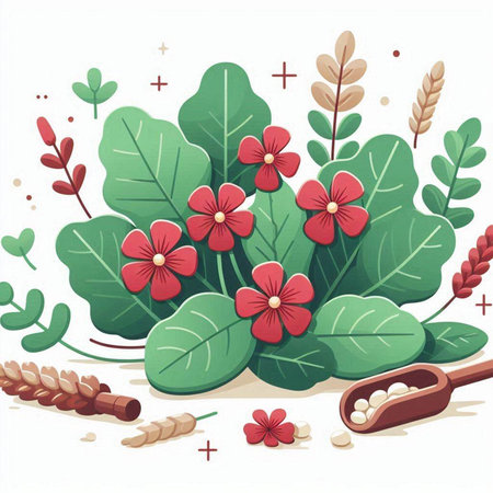 Illustration of a set of plants with red flowers and leaves.のイラスト素材