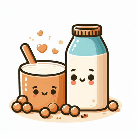 Milk bottle and glass with milk. Vector illustration in cartoon styleのイラスト素材