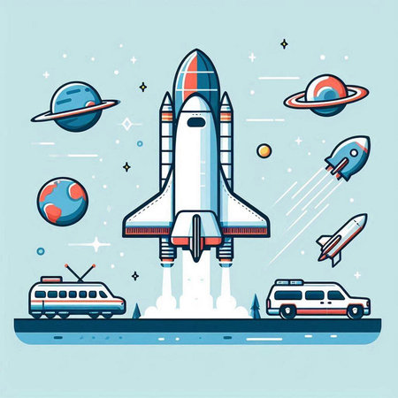Space rocket and spaceship. Vector illustration in flat linear style isolated on blue background.のイラスト素材