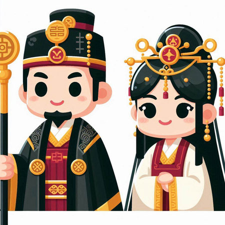 Korean couple in traditional costume. Vector illustration in cartoon style.のイラスト素材