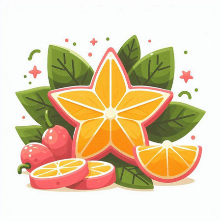 Vector illustration of a starfruit with leaves and fruits isolated on white background.のイラスト素材
