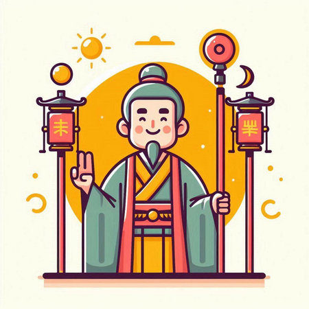Chinese man in traditional costume with lanterns. Vector flat illustration.のイラスト素材