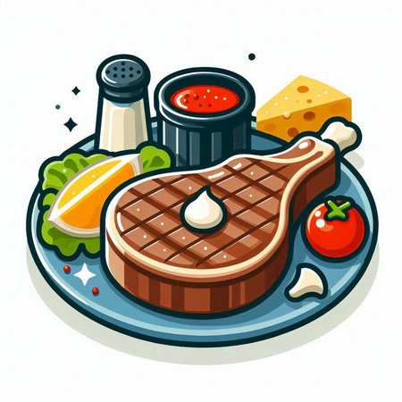 Steak with sauce and vegetables on a plate. Vector illustration.のイラスト素材
