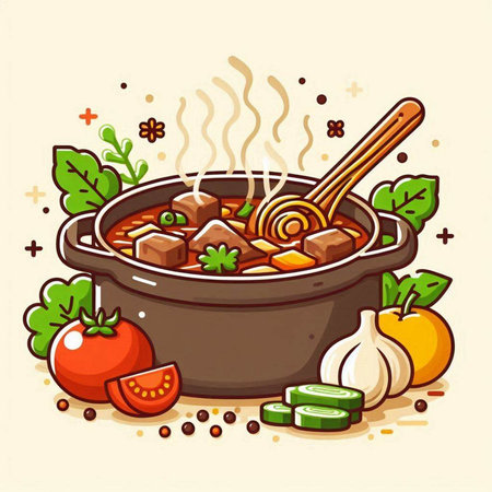 Illustration of a pot of beef stew with vegetables and spices.のイラスト素材
