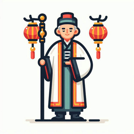 Chinese man in traditional costume with lanterns. Vector illustration in flat styleのイラスト素材