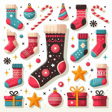 Christmas set. Collection of Christmas socks, gifts, ribbons, stars. Vector illustrationのイラスト素材