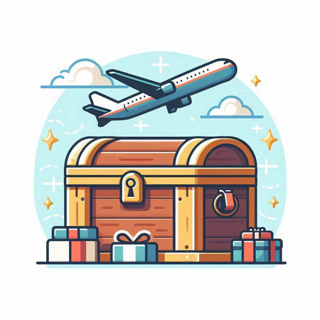 Vector illustration of a wooden chest with a lot of gifts and an airplane.のイラスト素材