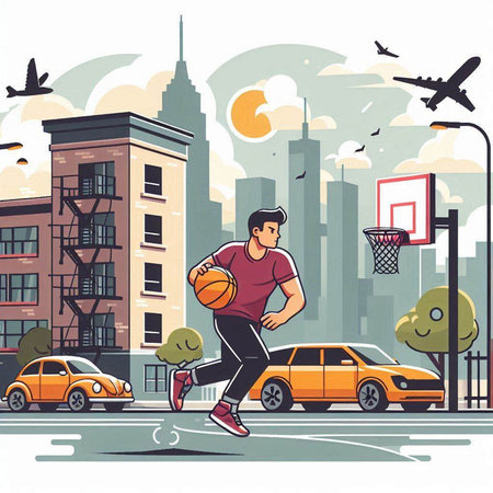 Man playing basketball on the street. Vector illustration in retro style.のイラスト素材