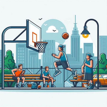 Basketball players in the city park. Vector illustration in cartoon styleのイラスト素材