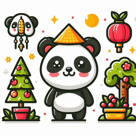 Cute panda bear in the forest. Vector cartoon illustration.のイラスト素材