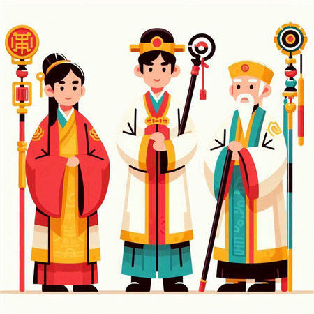 Korean people wearing traditional clothes. Vector illustration in cartoon style.のイラスト素材