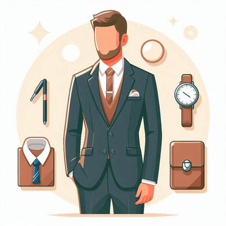 Vector illustration of a man in a suit with a watch and accessoriesのイラスト素材