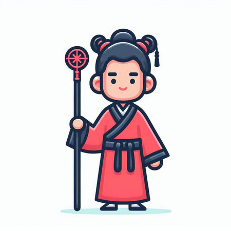 Korean girl in traditional clothes holding a spear. Vector illustration.のイラスト素材