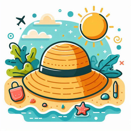 Vector illustration of a summer hat on the beach. Summer holiday conceptのイラスト素材