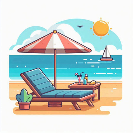 Beach chair with umbrella, sun lounger and drinks. Vector illustrationのイラスト素材