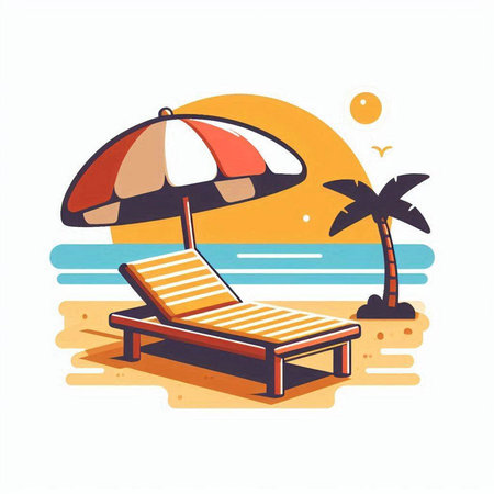 Beach chair with umbrella on the beach. Vector illustration in flat styleのイラスト素材