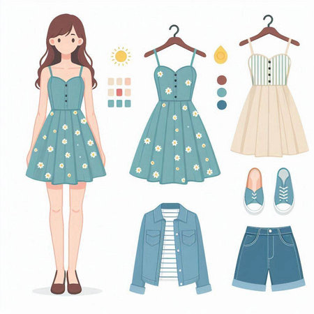 Set of summer clothes and accessories. Vector illustration in cartoon style.のイラスト素材