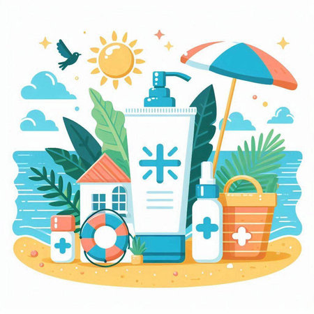 Sunscreen, sunblock, beach accessories. Vector illustration in flat styleのイラスト素材
