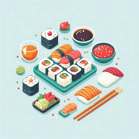 Sushi isometric composition with sushi rolls and chopsticks vector illustrationのイラスト素材